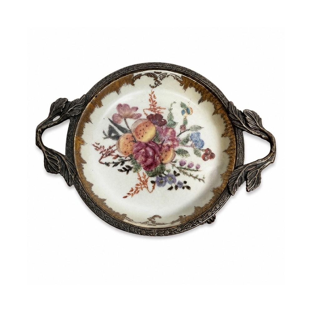 Antique Porcelain Bonbon Dish Brass Mount Floral Fruit Vanity Bowl c1910s